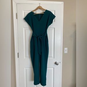 Express Small Petite Deep Teal V-Neck Tie Waist Jumpsuit